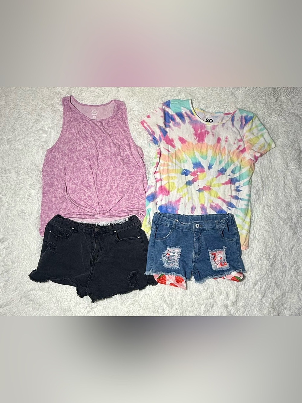 Girls XL 14-16 Summer Outfit Bundle Tie Dye Tops Denim Shorts Y2K